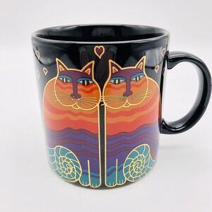 Vintage Laurel Burch Coffee Mug Cup Rainbow Cats Gold Trim Black Ceramic B1
